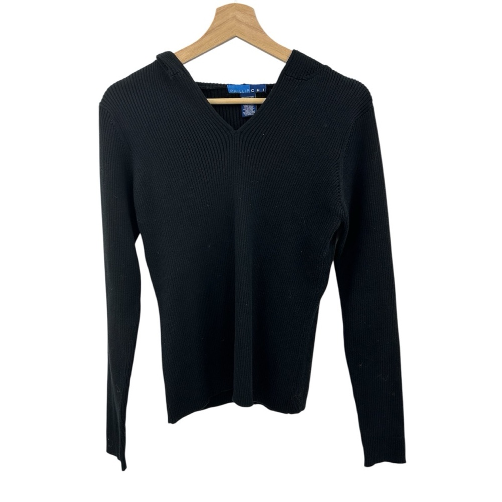 Phillip Chi Black Hooded V Neck Ribbed Sweater